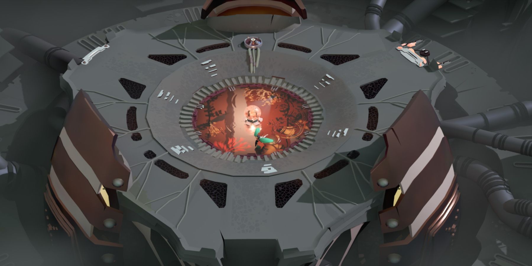Screenshot from Cocoon video game of player character carrying an orb to the middle of a grey area. 