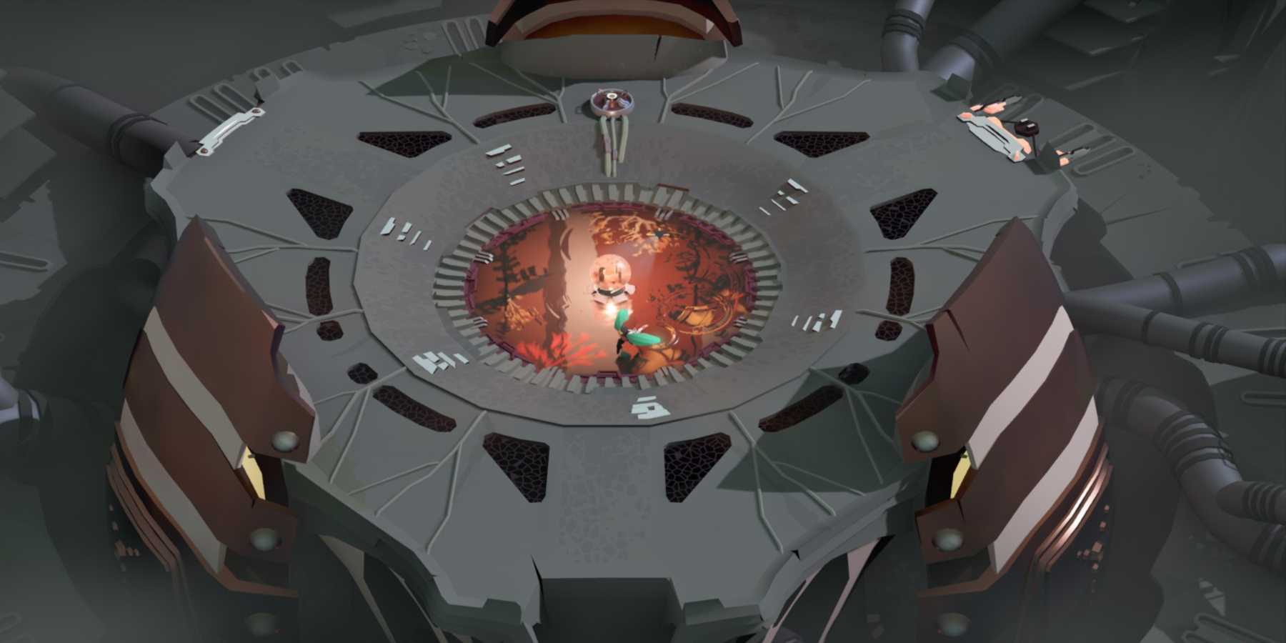 Screenshot from Cocoon video game of player character carrying an orb to the middle of a grey area.