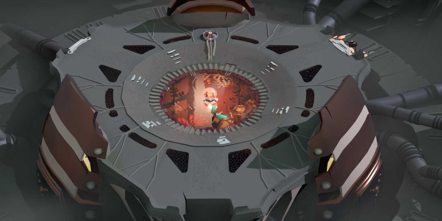 Screenshot from Cocoon video game of player character carrying an orb to the middle of a grey area.