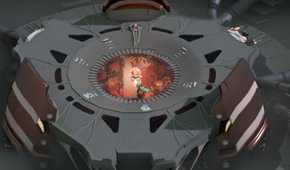 Screenshot from Cocoon video game of player character carrying an orb to the middle of a grey area.