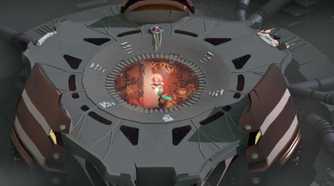 Screenshot from Cocoon video game of player character carrying an orb to the middle of a grey area.