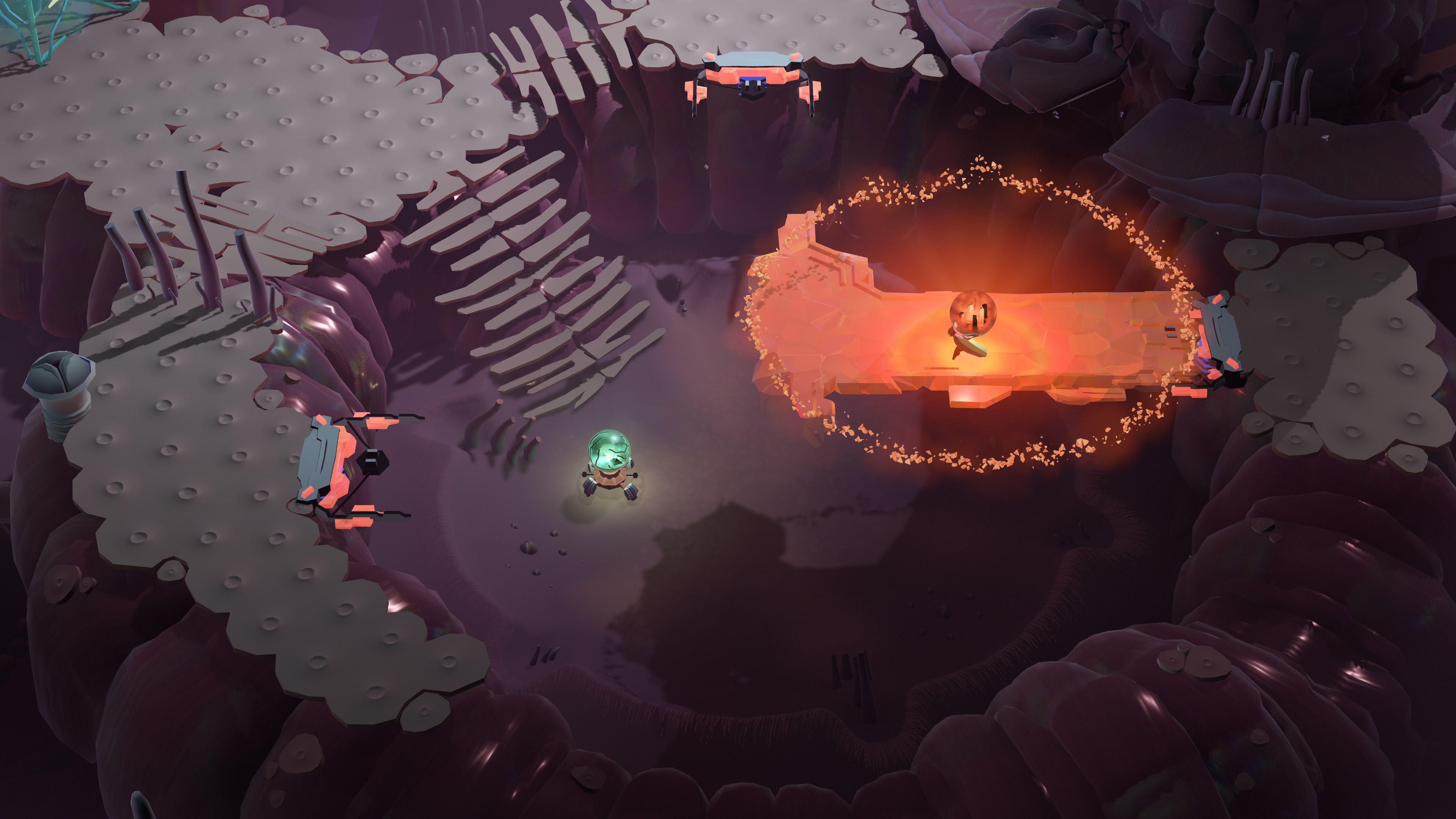 Screenshot from Cocoon video game of player character walking a bright orange orb across a bridge in a grey, drab setting.