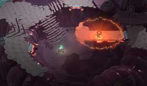 Screenshot from Cocoon video game of player character walking a bright orange orb across a bridge in a grey, drab setting.