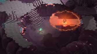 Screenshot from Cocoon video game of player character walking a bright orange orb across a bridge in a grey, drab setting.