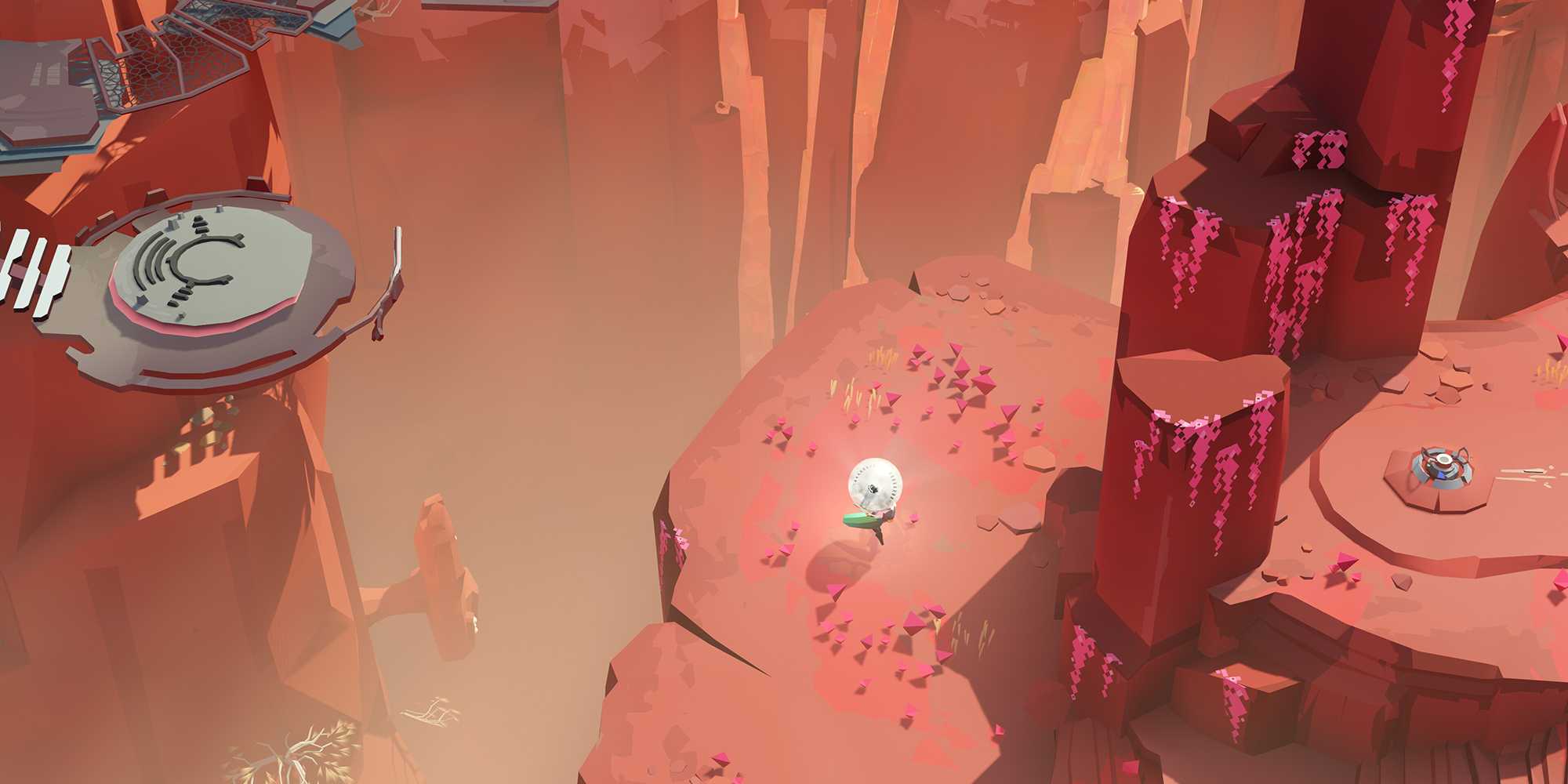 Screenshot from Cocoon video game of bug character carrying bright orb in a desert mountain setting.
