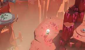 Screenshot from Cocoon video game of bug character carrying bright orb in a desert mountain setting.