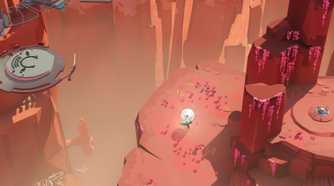 Screenshot from Cocoon video game of bug character carrying bright orb in a desert mountain setting.