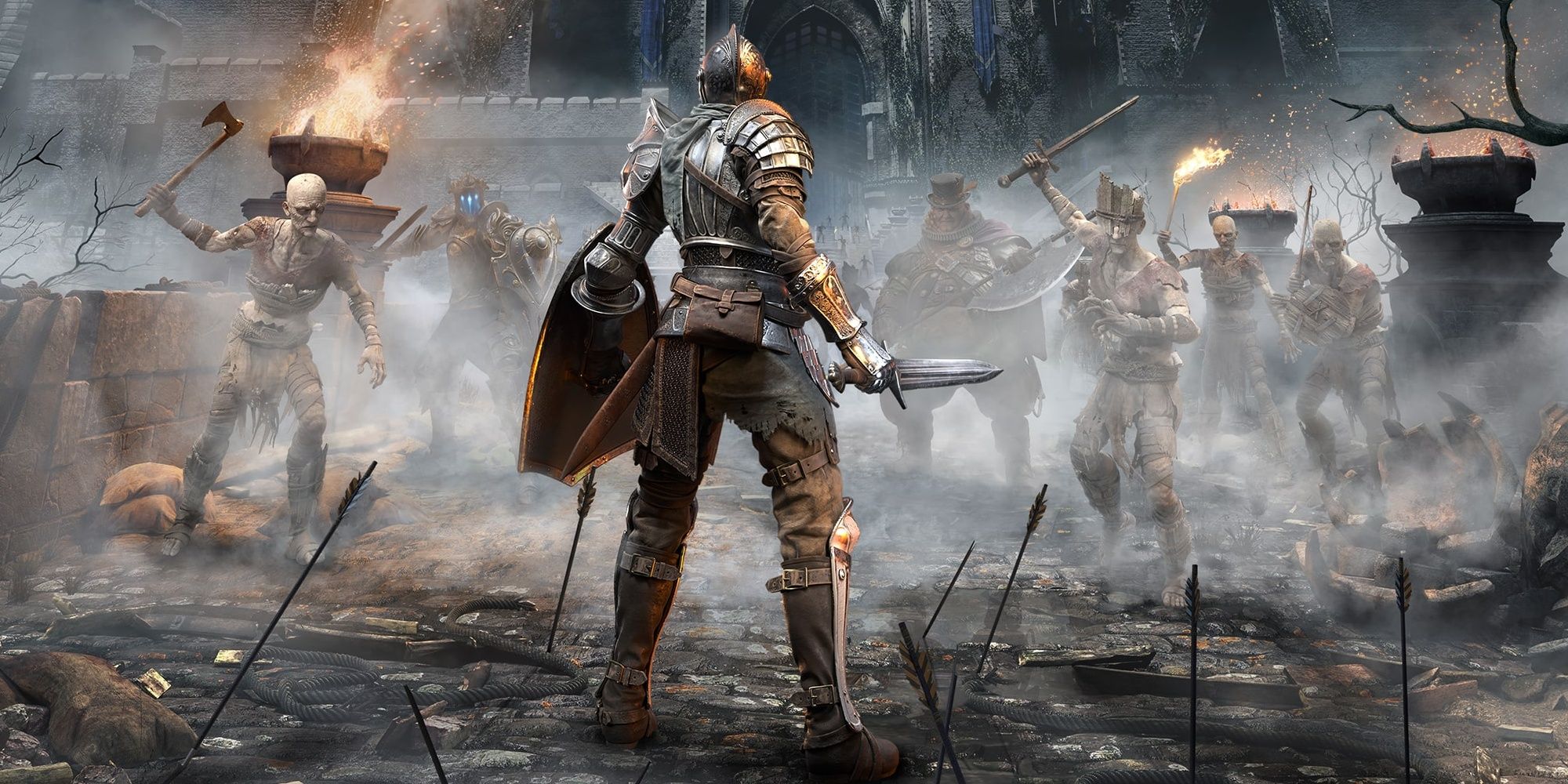 demon souls key art with a knight and a bunch of knights