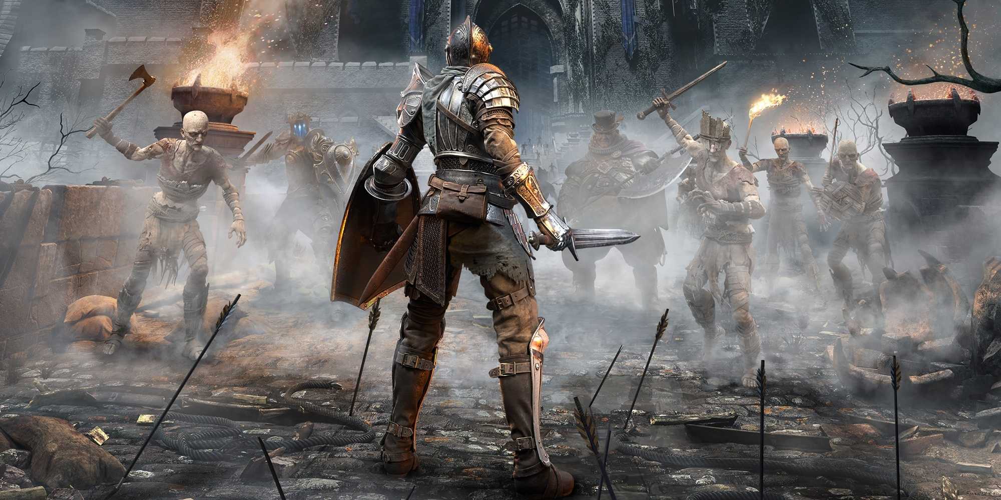 demon souls key art with a knight and a bunch of knights