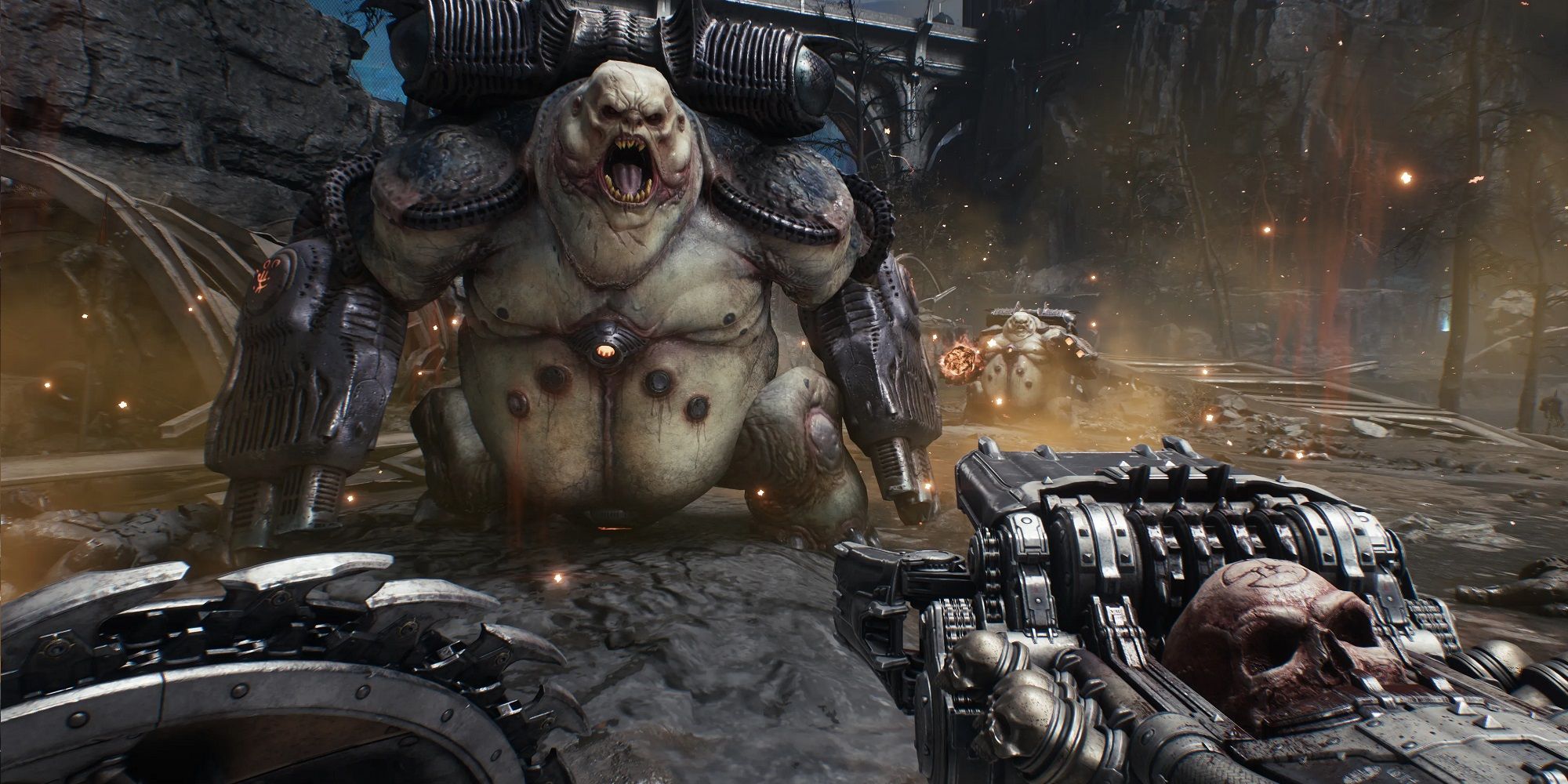 The Skull Crusher Gun being used in Doom: The Dark Ages