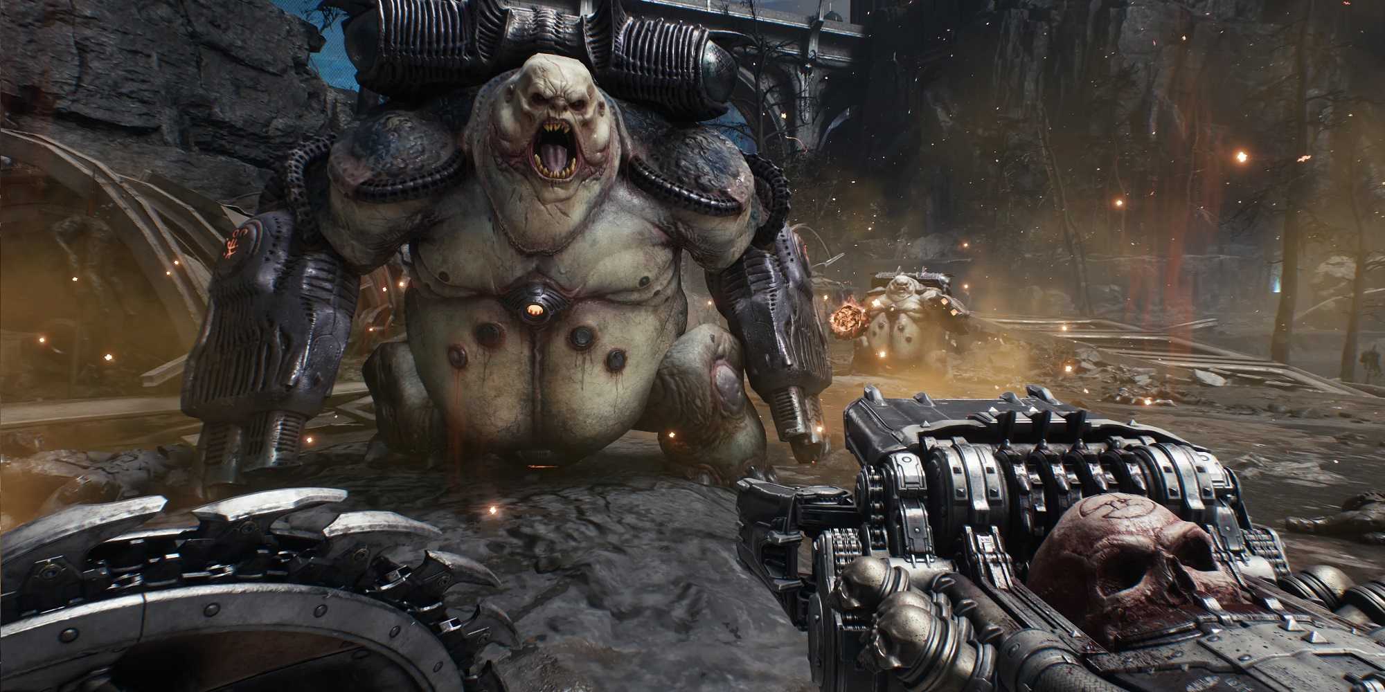 The Skull Crusher Gun being used in Doom: The Dark Ages