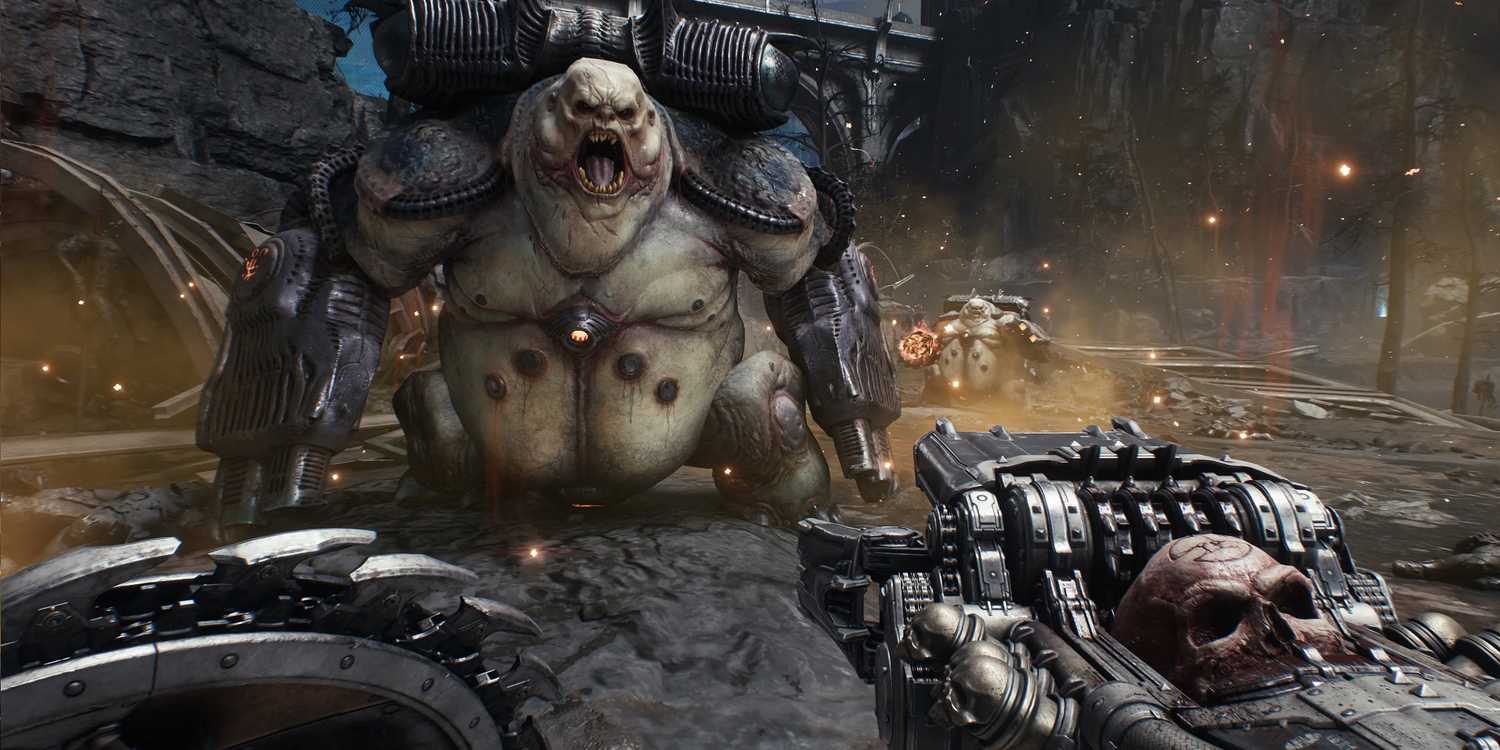 The Skull Crusher Gun being used in Doom: The Dark Ages