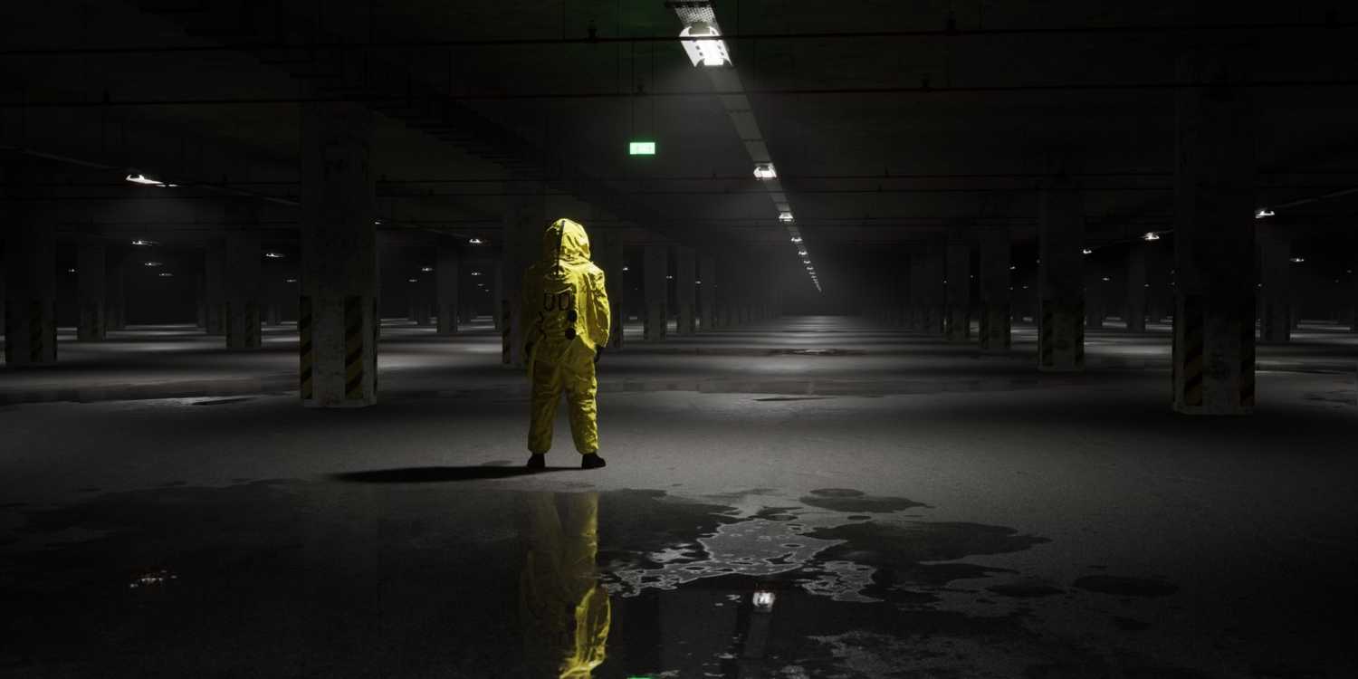 A man in a hazmat suit in a dark underground parking lot