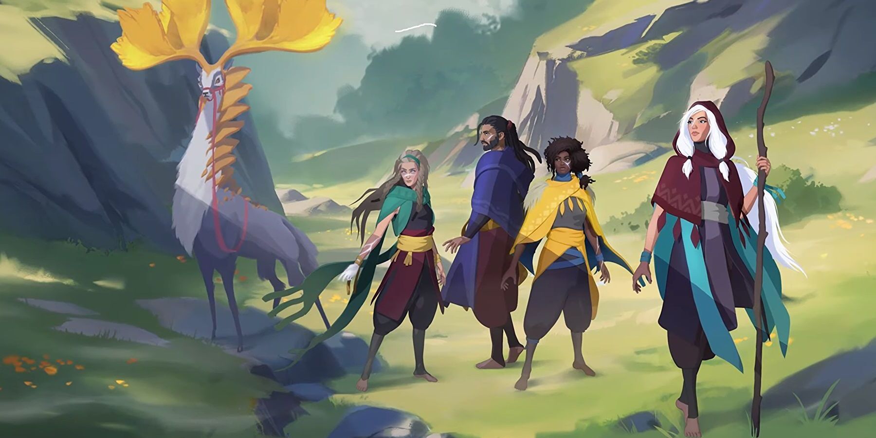 everwild concept art featuring five people and a weird animal