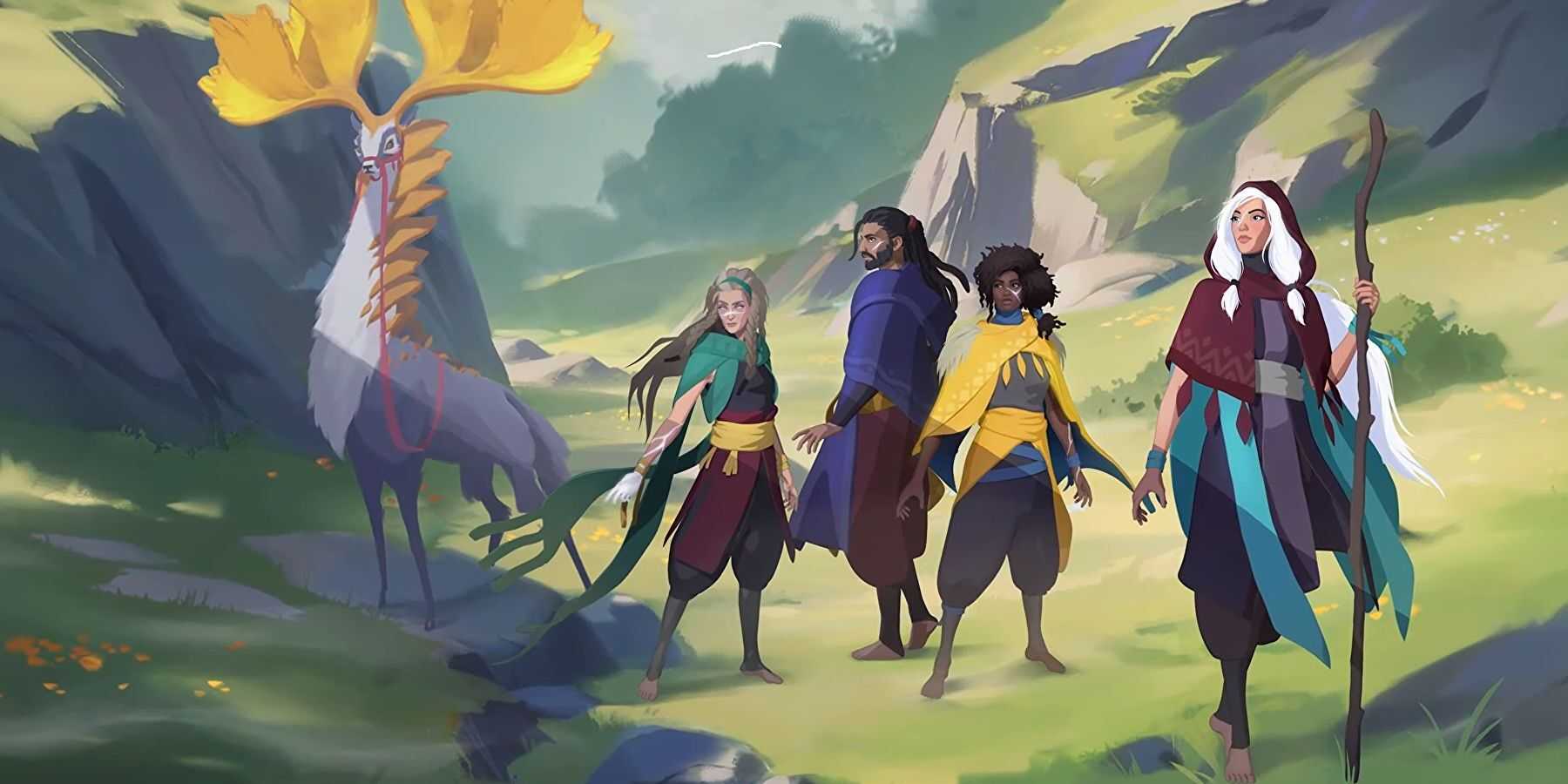 everwild concept art featuring five people and a weird animal