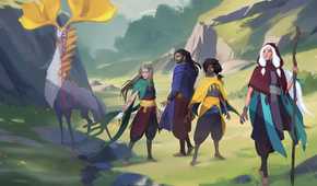 everwild concept art featuring five people and a weird animal