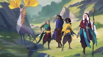 everwild concept art featuring five people and a weird animal