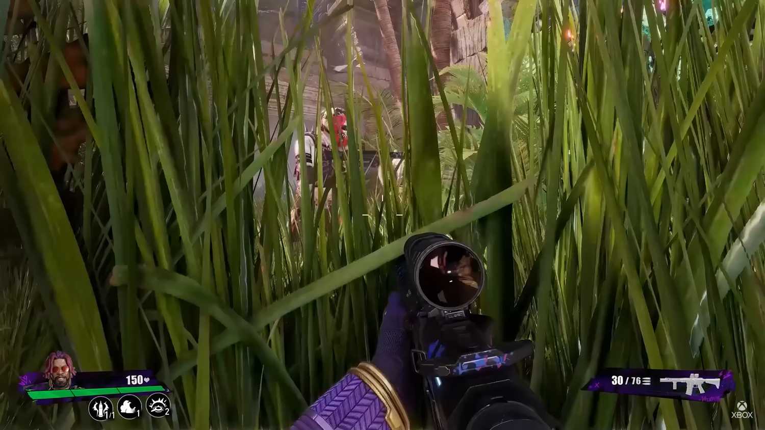 fragpunk gameplay of a Lancer hiding in a patch of grass