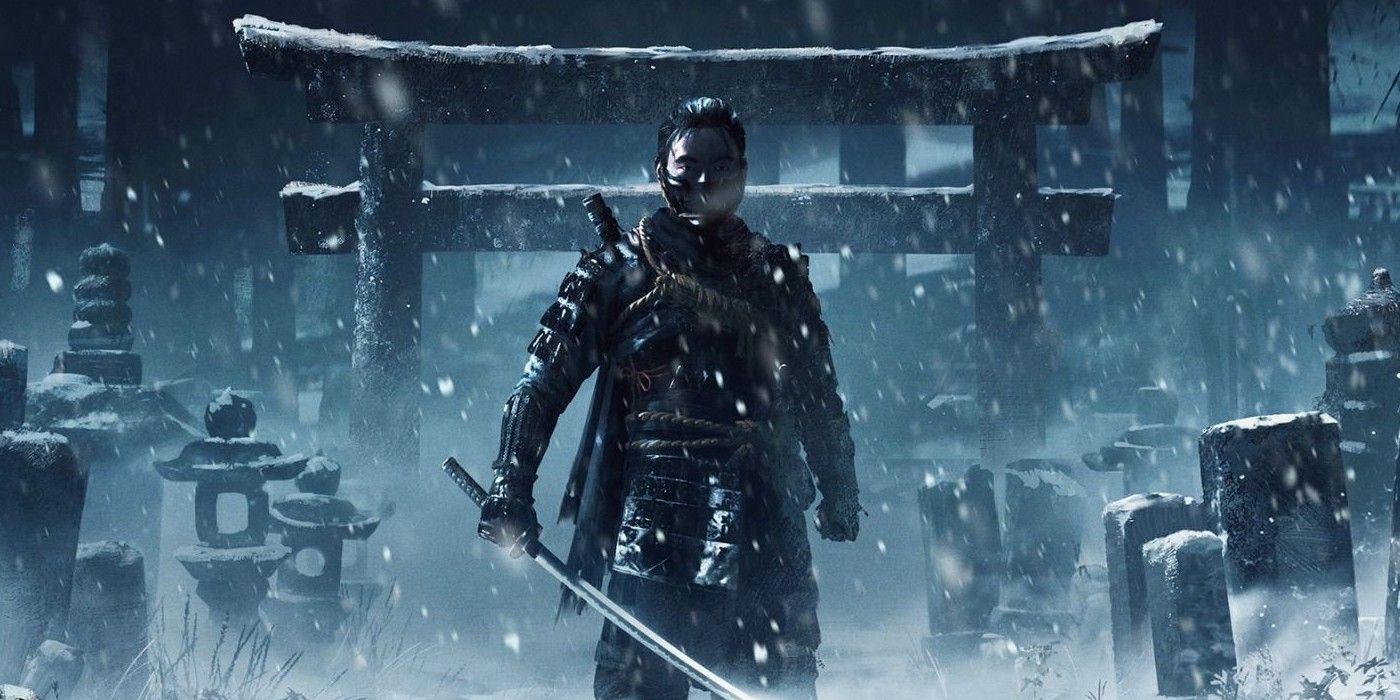 A character standing in the snow while holding a Katana