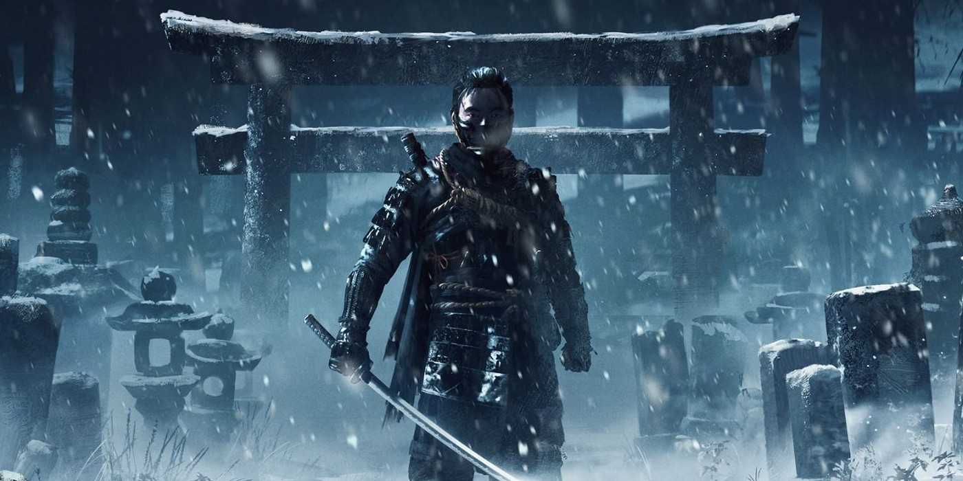 A character standing in the snow while holding a Katana