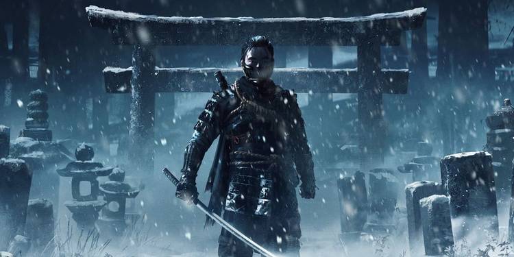 A character standing in the snow while holding a Katana