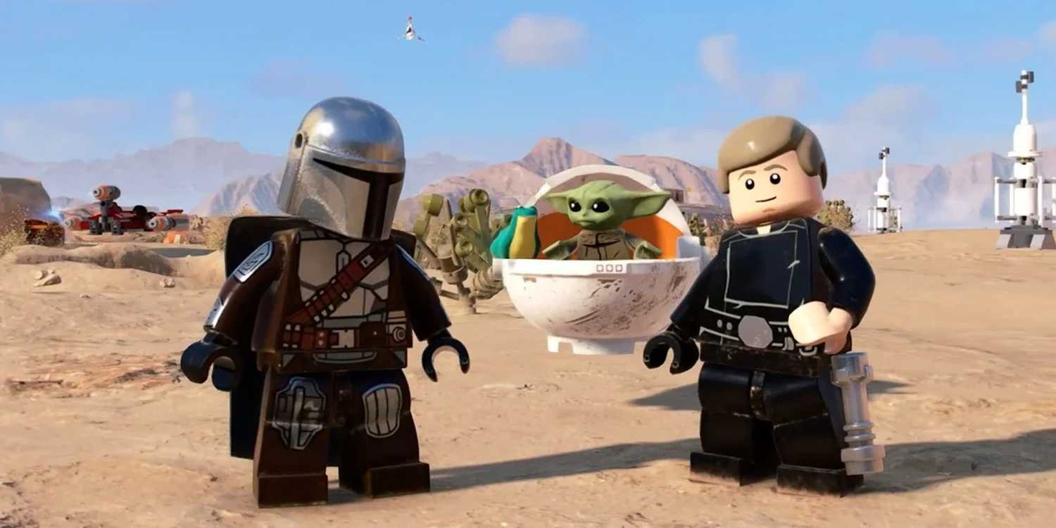 A screenshot of Din Djarin, Grogu, and Luke Skywalker in LEGO Star Wars: The Skywalker Saga