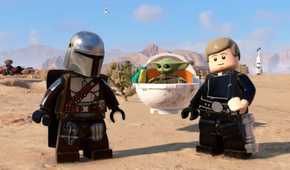 A screenshot of Din Djarin, Grogu, and Luke Skywalker in LEGO Star Wars: The Skywalker Saga