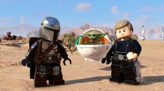 A screenshot of Din Djarin, Grogu, and Luke Skywalker in LEGO Star Wars: The Skywalker Saga