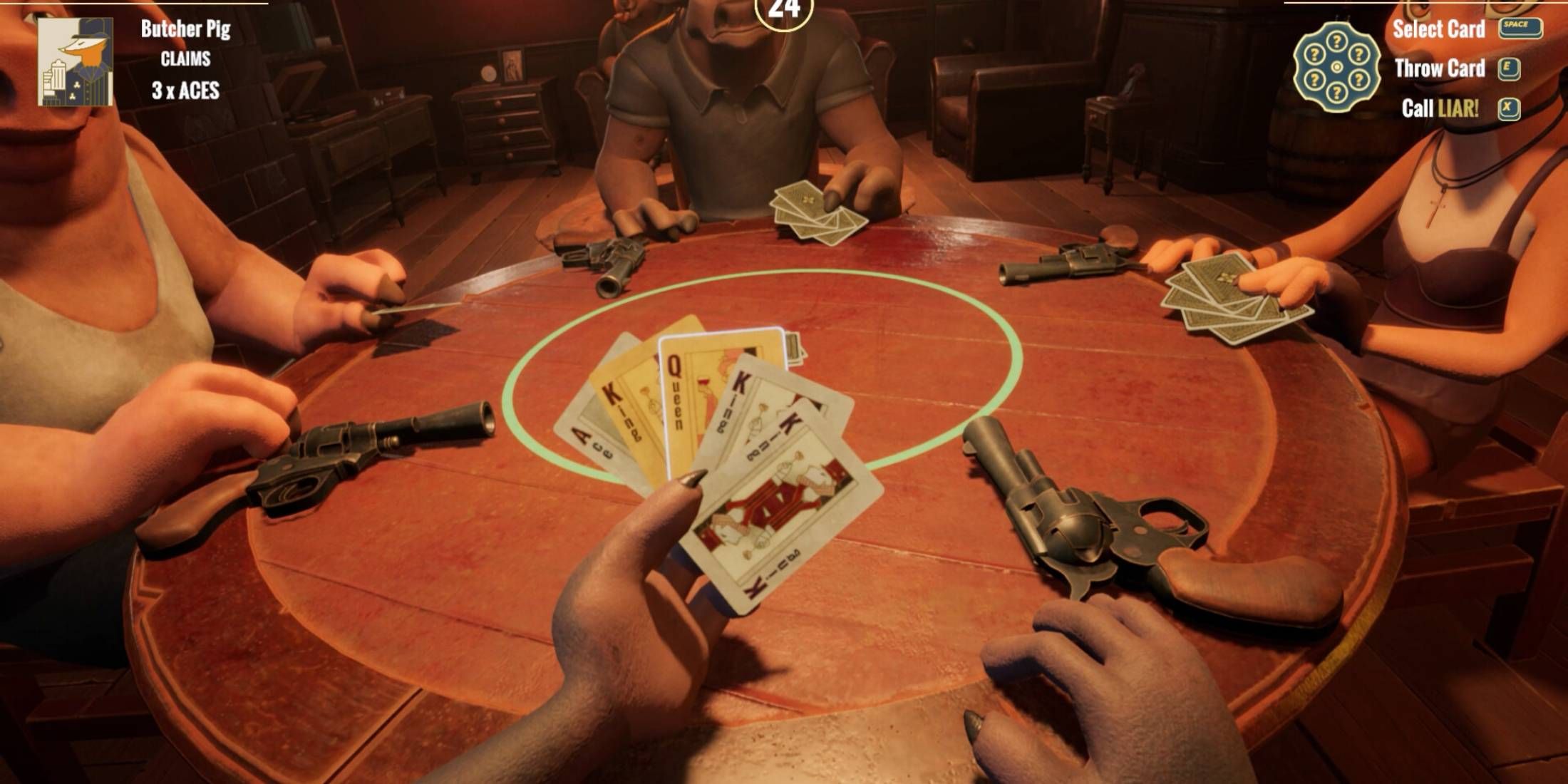 A hand of cards with a gun next to the player