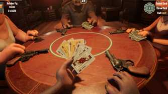 A hand of cards with a gun next to the player