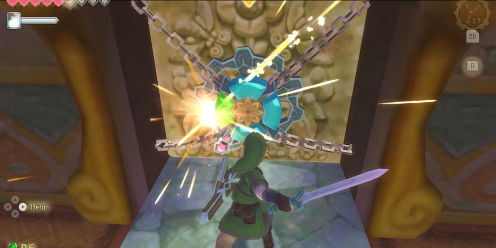 A screenshot of Link solving a puzzla in The Legend of Zelda: Skyward Sword