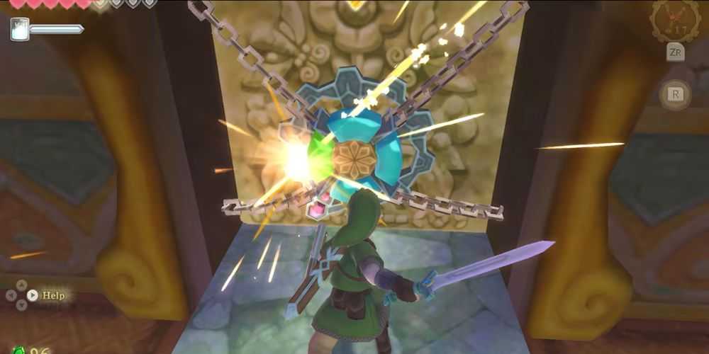 A screenshot of Link solving a puzzla in The Legend of Zelda: Skyward Sword