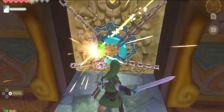 A screenshot of Link solving a puzzla in The Legend of Zelda: Skyward Sword