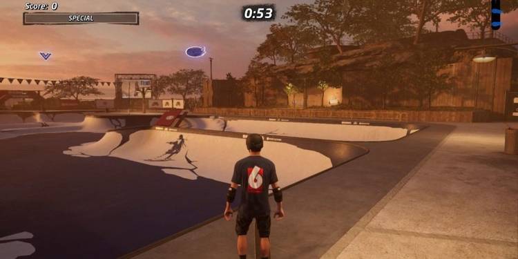 Screenshot from Tony Hawk's Pro Skater 1+2 video game of man at skatepark.