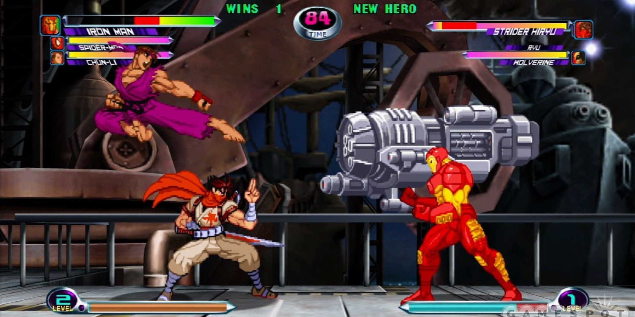A screenshot of Strider and Ryu battling Iron Man in Marvel vs.Capcom 2