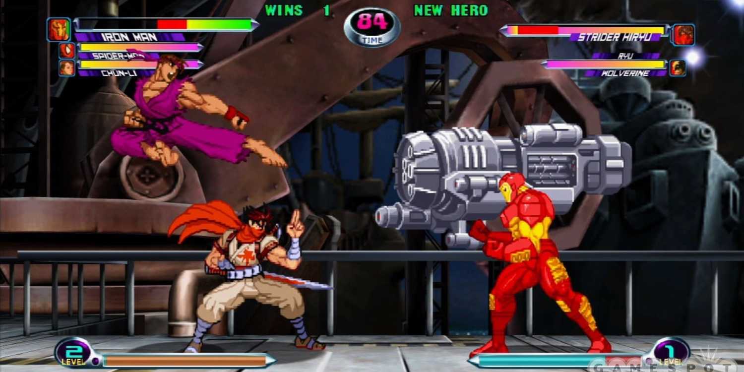A screenshot of Strider and Ryu battling Iron Man in Marvel vs.Capcom 2
