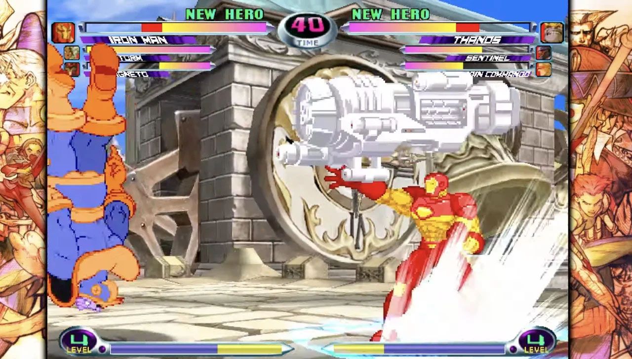 A screenshot of Iron Man and Juggernaught fighting in Marvel vs. Capcom Fighting Collection: Arcade Classics.