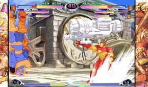 A screenshot of Iron Man and Juggernaught fighting in Marvel vs. Capcom Fighting Collection: Arcade Classics.