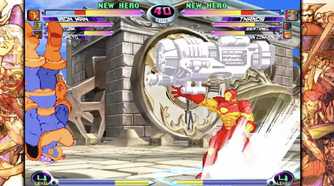 A screenshot of Iron Man and Juggernaught fighting in Marvel vs. Capcom Fighting Collection: Arcade Classics.