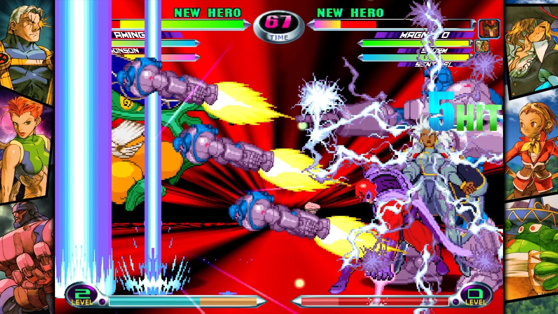 A screenshot of Storm battling Sentinel in Marvel vs. Capcom Fighting Collection: Arcade Classics.