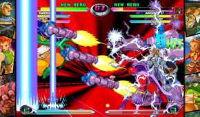 A screenshot of Storm battling Sentinel in Marvel vs. Capcom Fighting Collection: Arcade Classics.