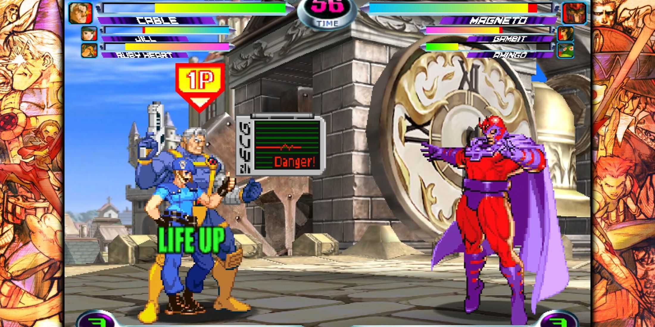 A screenshot of Cable and Jill with Magneto in Marvel vs. Capcom Fighting Collection: Arcade Classics.