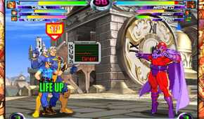 A screenshot of Cable and Jill with Magneto in Marvel vs. Capcom Fighting Collection: Arcade Classics.