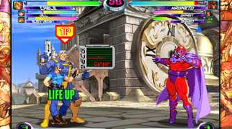 A screenshot of Cable and Jill with Magneto in Marvel vs. Capcom Fighting Collection: Arcade Classics.