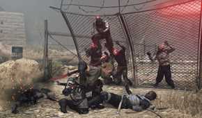 Zombies climbing over a fence