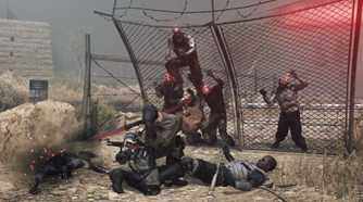 Zombies climbing over a fence
