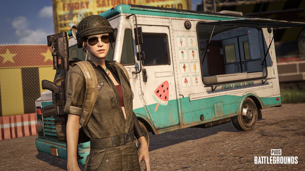 Key art image from video game PUBG: Battlegrounds of woman dressed in military garb in front of an ice cream truck