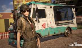 Key art image from video game PUBG: Battlegrounds of woman dressed in military garb in front of an ice cream truck