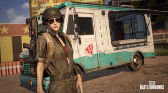 Key art image from video game PUBG: Battlegrounds of woman dressed in military garb in front of an ice cream truck