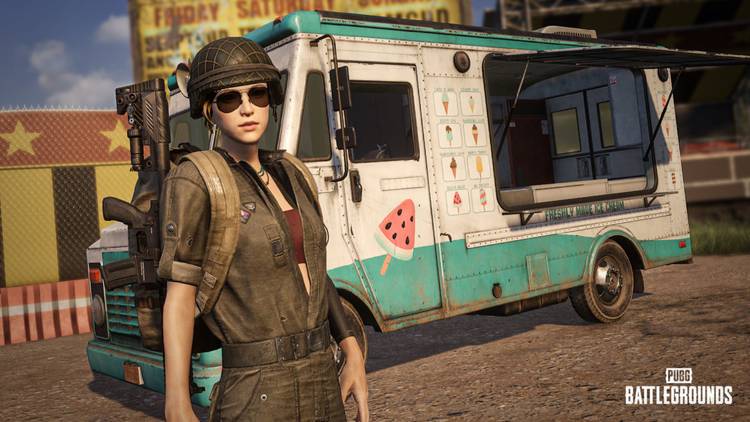 Key art image from video game PUBG: Battlegrounds of woman dressed in military garb in front of an ice cream truck